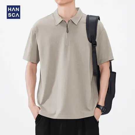 hansca简约半拉链短袖polo衫男2025新款夏季薄款复古翻领t恤上衣商品大图