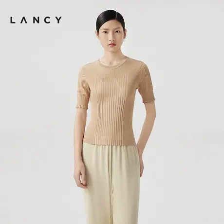LANCY/朗姿2024夏季新款薄款不规则坑条短袖针织衫修身显瘦上衣女商品大图