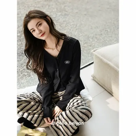 贝妍莫代尔棉睡衣女春秋性感V领气质显瘦长袖条纹长裤家居服套装商品大图
