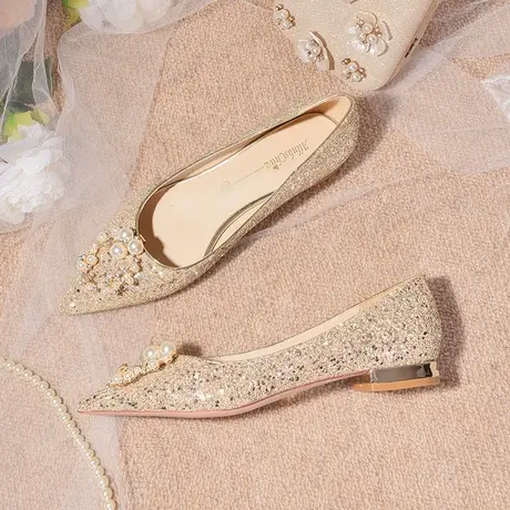 爱丽拉婚鞋女平底2023新款水晶主婚纱孕妇新娘鞋小众高级感不累脚商品大图