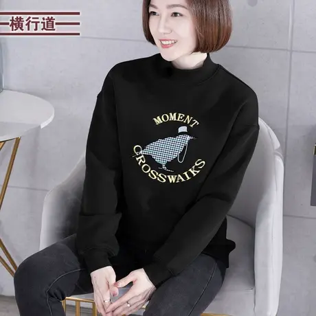 2023年冬季新韩版加厚打底衫胖MM半高领卫衣女字母刺绣花宽松长袖商品大图