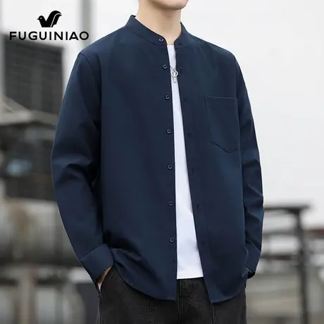 富贵鸟立领长袖衬衫男士秋季2025年新款宽松上衣服休闲衬衣外套男商品大图