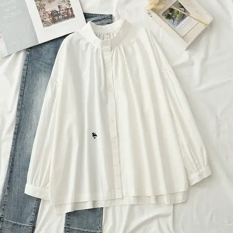 日系纯色立领衬衫女春秋新款长袖衬衫女文艺小清新设计感休闲百搭商品大图