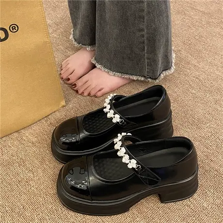 英伦风小皮鞋女春秋2023新款拼色时尚粗跟防滑厚底珍珠玛丽珍单鞋商品大图