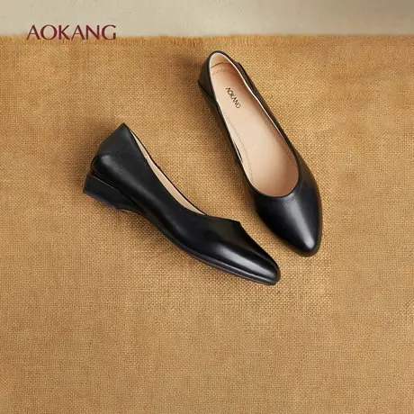 奥康 女鞋新款真皮浅口平底单鞋职业工作鞋空姐尖头皮鞋上班鞋L图片