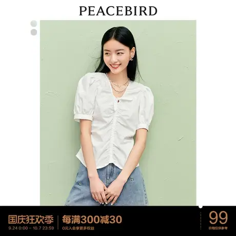 太平鸟短袖抽褶上衣女白色泡泡袖衬衫夏季新款法式复古蝴蝶结商品大图