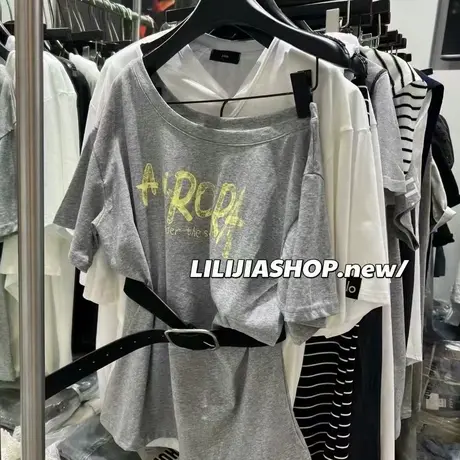 韩国东大门25夏季新款时尚百搭斜肩字母印花宽松短袖T恤女配腰带商品大图