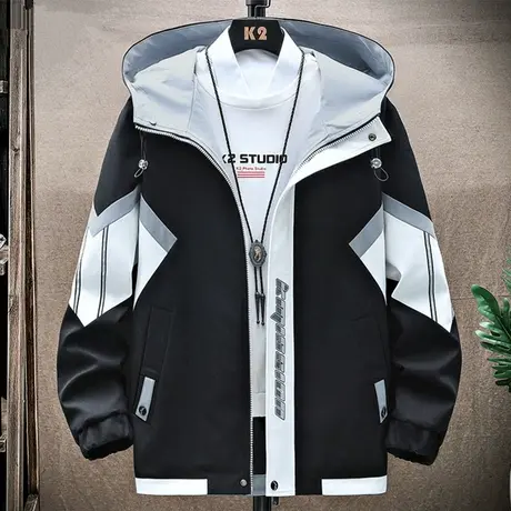 工装外套男士春秋季潮牌撞色拼接连帽夹克男装青少年休闲宽松褂子商品大图