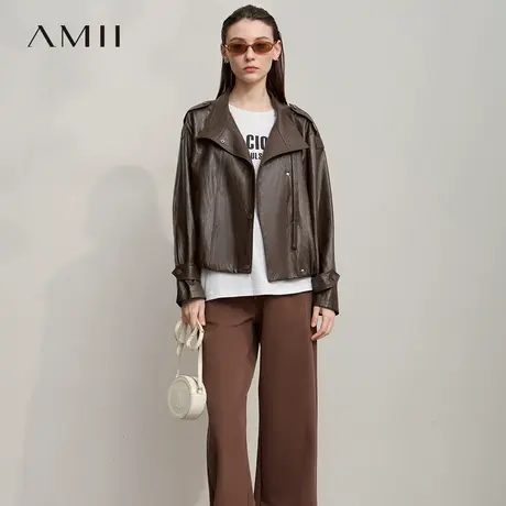 Amii【复古英伦风】2025秋款复古帅气简约夹克廓形PU皮衣外套女图片
