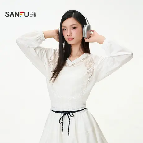 三福长衬衫2025秋季英文刺绣蕾丝插肩袖v字翻领上衣女装507971商品大图