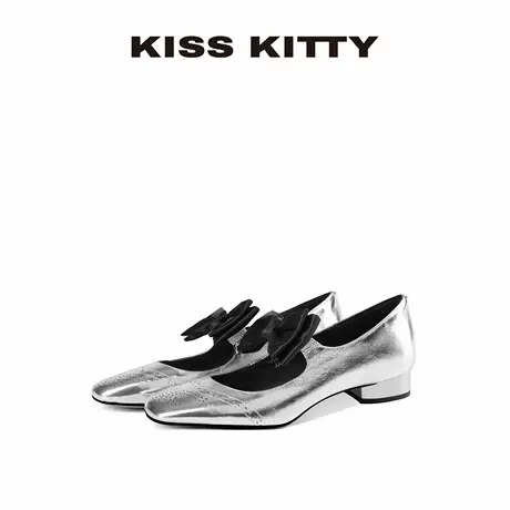 KISSKITTY玛丽珍单鞋女2025新款真皮方头低跟银色法式绝美巨好看图片