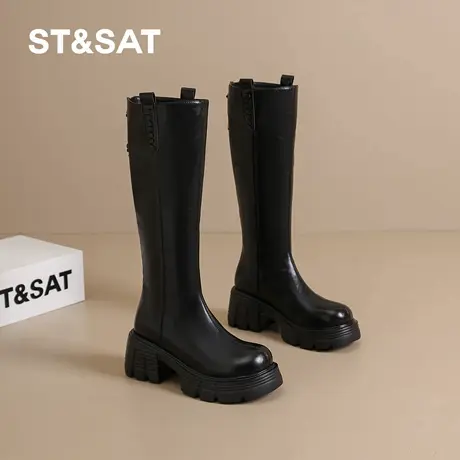 St&Sat/星期六长筒靴女秋冬粗跟显瘦高筒骑士靴软底小个子瘦瘦靴商品大图