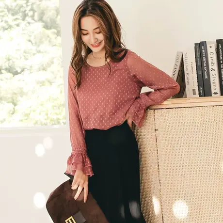 桔熊秋气质微透蕾丝拼接荷叶长袖露背雪纺衫上衣大码AB16257图片