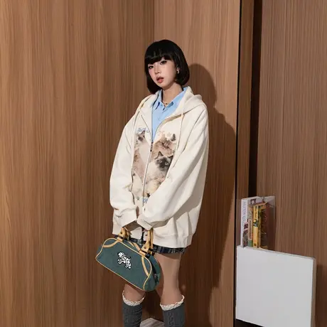 YEP卡通印花连帽卫衣女春秋2025年新款美式复古帽衫宽松开衫外套商品大图