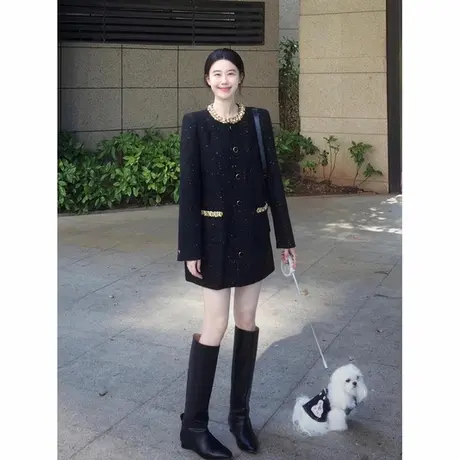 爵莱菲大码富家千金高级感穿搭黑色小香风连衣裙超好看短裙胖mm商品大图