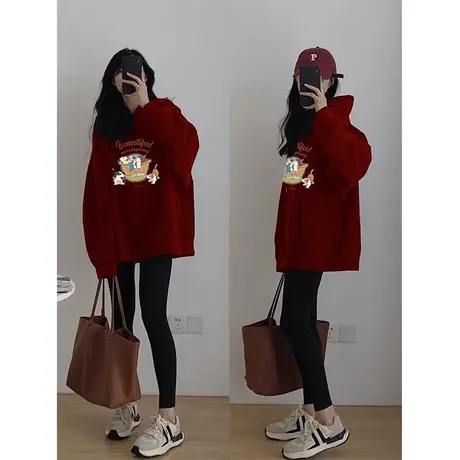 酒红色连帽卫衣外套女秋冬2023新款oversize中长款帽衫遮屁股上衣商品大图