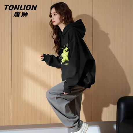 唐狮连帽卫衣女2026新款春季宽松大码套头外套美式慵懒黑色上衣VC图片