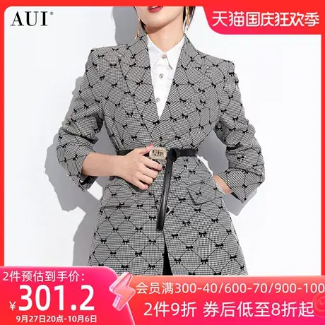 AUI黑白千鸟格气质职业西装外套女2023秋新款高级感收腰长袖西服图片
