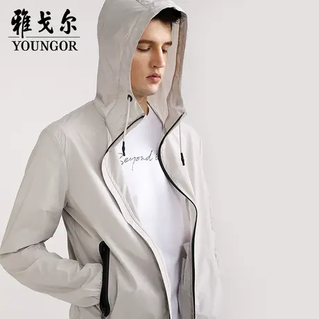 雅戈尔奥莱 男装秋季时尚休闲藏青潮流连帽拉链薄款夹克外套图片