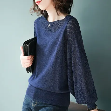 宝诗黎灯笼长袖新款圆领针织衫女装新款2023内搭宽松套头上衣秋季商品大图