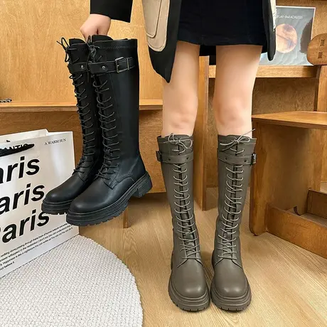 长筒靴女2023春秋季新款网红小众设计感炸街机车靴粗跟显瘦骑士靴图片