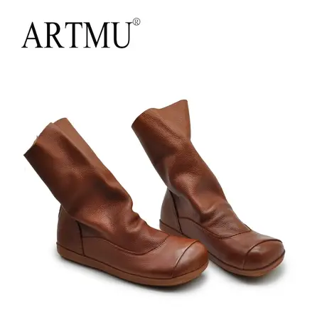 Artmu阿木原创复古真皮倒靴女中筒靴平底堆堆靴2023新款舒适百搭商品大图