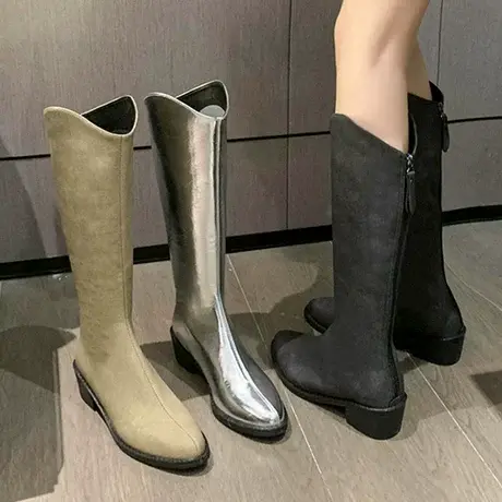 内增高长筒靴女2023年秋冬新款厚底加绒长靴奶茶色小个子显瘦靴子商品大图