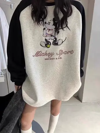 韩国东大门2023冬季新款减龄卡通拼色加绒加厚米奇卫衣中长款上衣图片