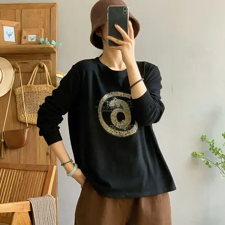 dza 复古套头圆领德绒T恤女秋冬内搭长袖上衣宽松显瘦休闲打底衫商品大图