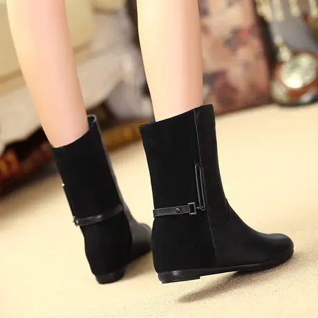 靴子女牛皮新款内增高中筒靴平跟真皮女靴圆头2023秋冬季直筒短靴商品大图