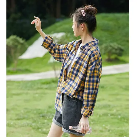 唐狮格子衬衫女新款秋冬长袖纯棉衬衣外套早春oversize上衣女潮流图片
