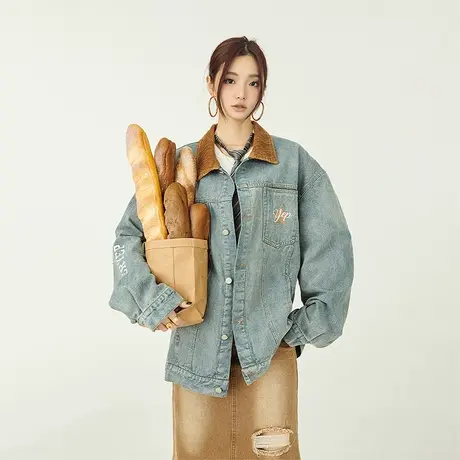 复古灯芯绒拼接春秋牛仔外套女春秋2023新款宽松休闲夹克上衣ins商品大图