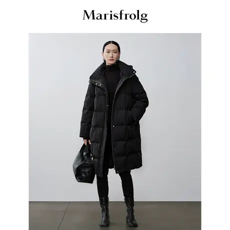 【商场同款】玛丝菲尔冬季新款黑色连帽中长白鹅绒大衣羽绒服商品大图
