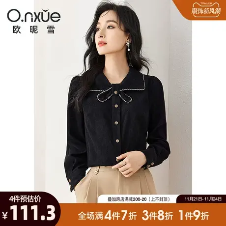 欧昵雪2023秋冬新款蝴蝶结翻领设计感长袖丝绒衬衫女显瘦衬衣上衣商品大图