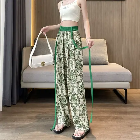 印花裤子女夏季薄款休闲直筒蝴蝶结民族风背带宽松冰丝阔腿拖地子商品大图