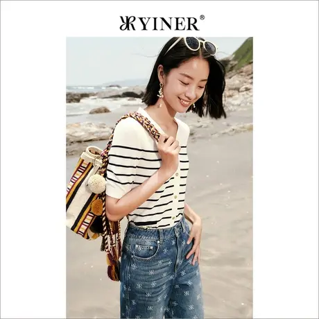 YINER音儿专柜女装2022夏季新款针织衫上衣女短袖v领开衫薄款女商品大图