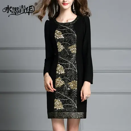 【1件7.9折】冬新款毛呢裙高端奢华亮片刺绣修身毛呢连衣裙图片