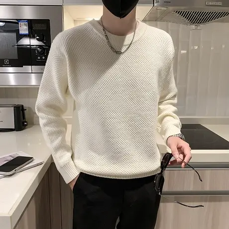 秋冬纯色华夫格毛衣男简约高级感内搭上衣韩版潮流长袖针织衫打底商品大图