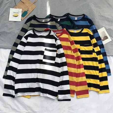 日系潮牌T恤ins春秋休闲宽松条纹网红男装潮流嘻哈运动长袖打底衫图片