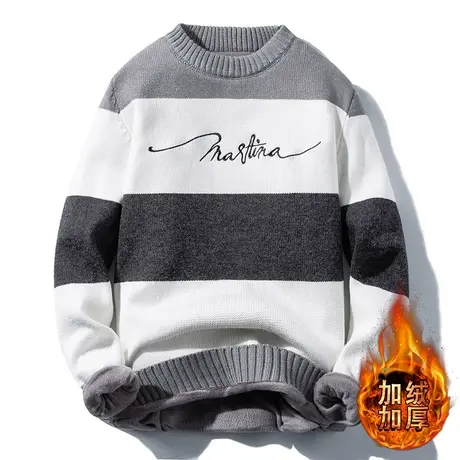 男士条纹半高领毛衣韩版潮流2020秋冬新款加绒加厚日系宽松针织衫商品大图