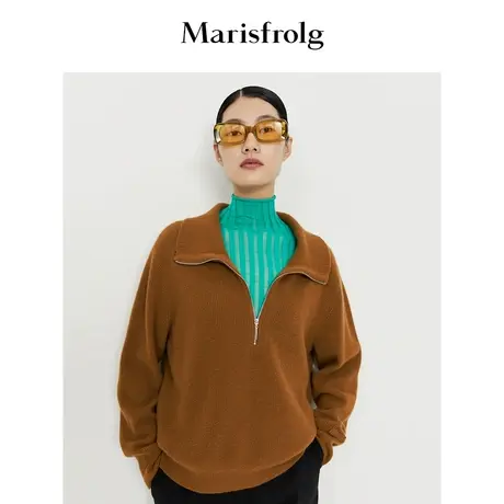 【拉链款针织衫】玛丝菲尔冬季新款棕色半拉链领口宽松毛衣商品大图