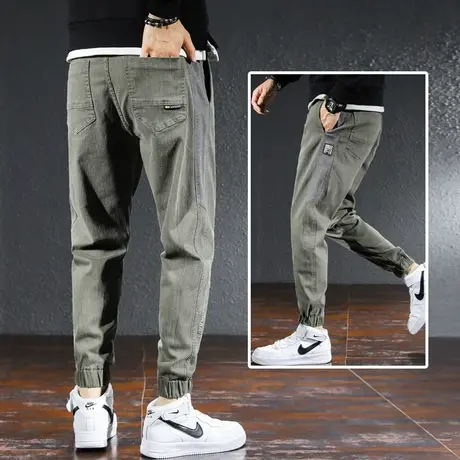 春季军绿色牛仔裤男士宽松束脚束腿休闲九分裤子春秋款青少年学生商品大图