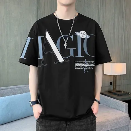港风t恤男士短袖宽松潮流字母印花上衣服夏季薄款体恤衫潮牌半袖图片