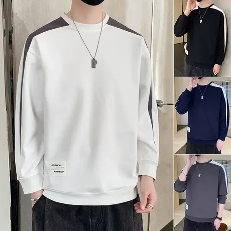 白色长袖t恤男秋季拼色圆领宽松休闲套头打底衫男装简约内搭秋衣T商品大图