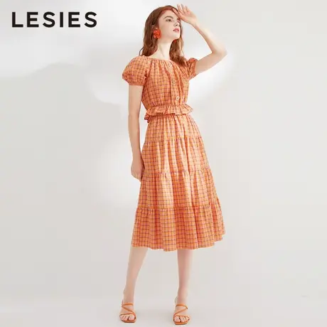 LESIES蓝色倾情春夏女装格子衬衫女设计感收腰短袖小众上衣图片