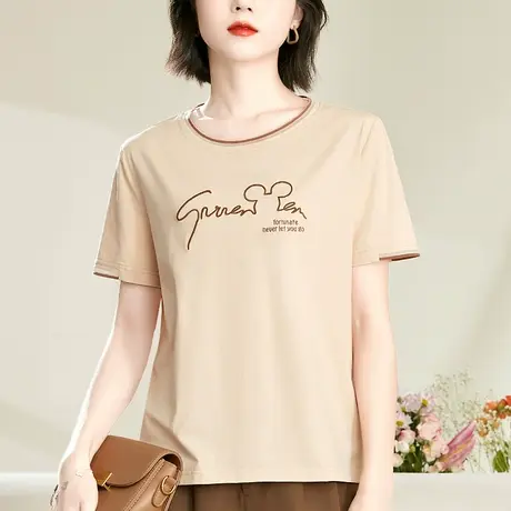 正肩纯棉t恤女2023年夏装新款时尚设计感宽松显瘦上衣圆领体恤衫商品大图