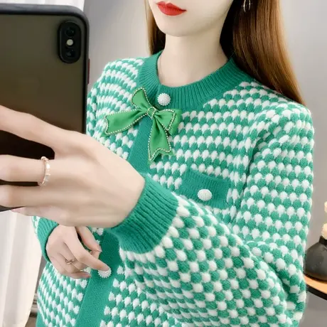 小香风毛衣女2025年早春新款可拆卸蝴蝶结针织开衫圆领长袖短外套图片