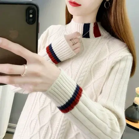 复古麻花半高领毛衣女秋冬2024新款套头洋气内搭针织打底衫女上衣商品大图