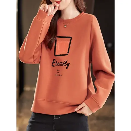 宝诗黎圆领字母印花棉质套头上衣女春季长袖宽松百搭卫衣2024新款商品大图