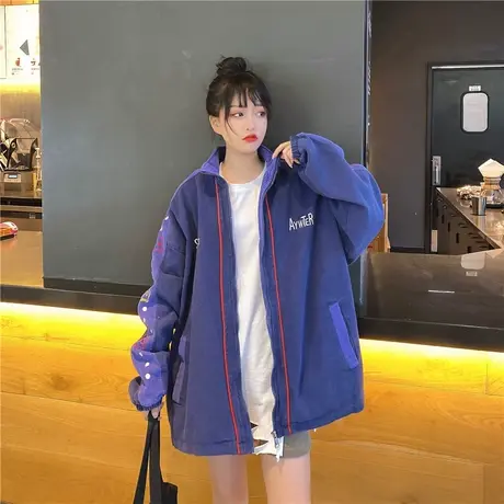 灯芯绒外套女2021新款春秋潮牌韩版宽松夹克BF工装复古港味棒球服图片